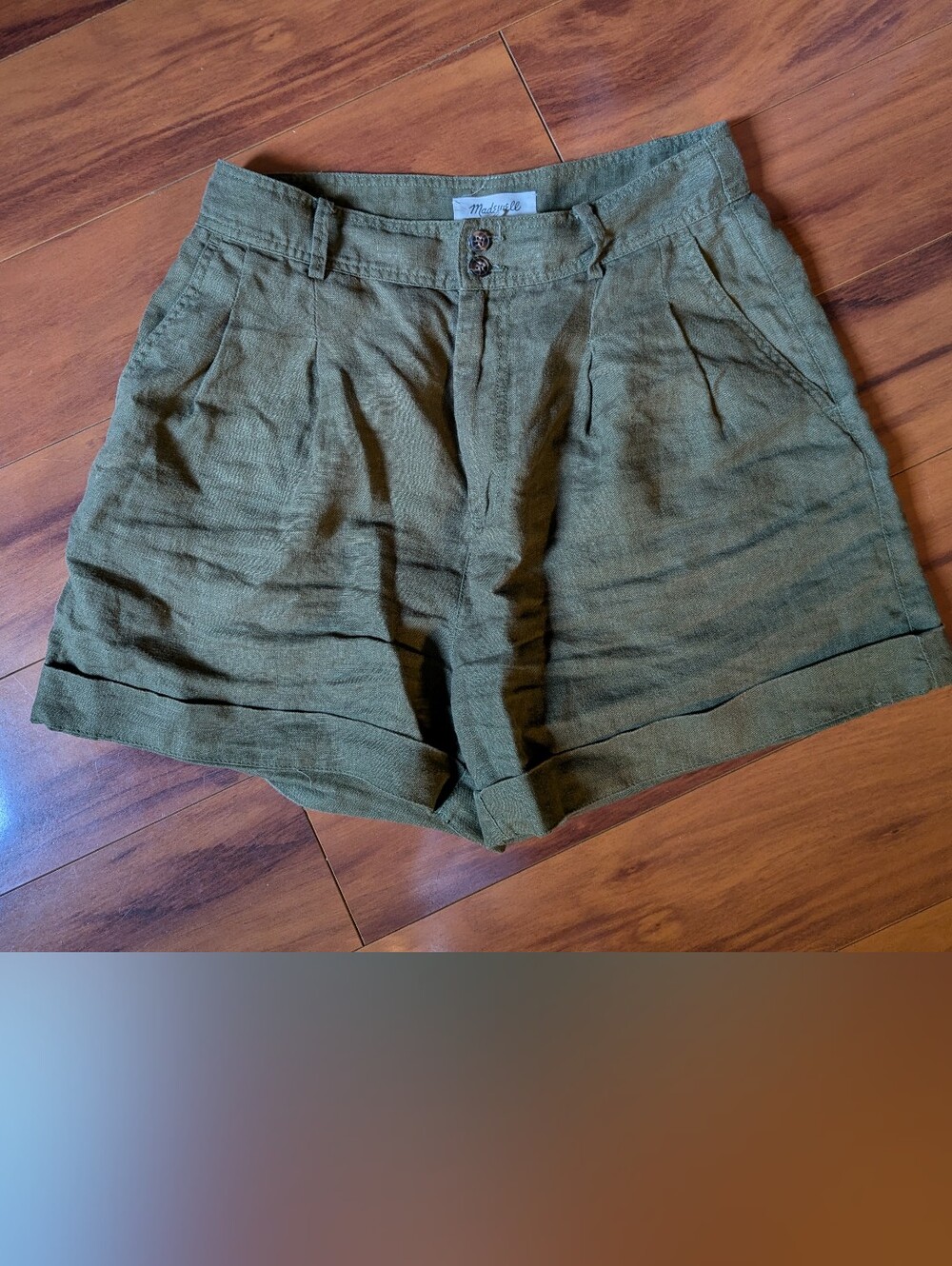 Madewell Olive Green High-Rise Linen-Blend Pleated Shorts